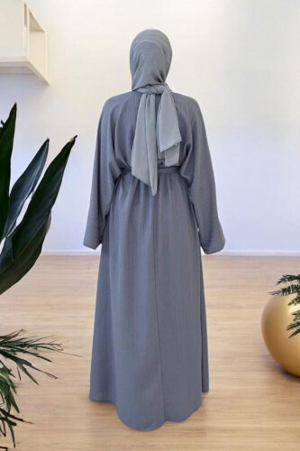 Çıt Çıt Düğmeli Bel Kuşaklı Abaya 70017 Gri - 2