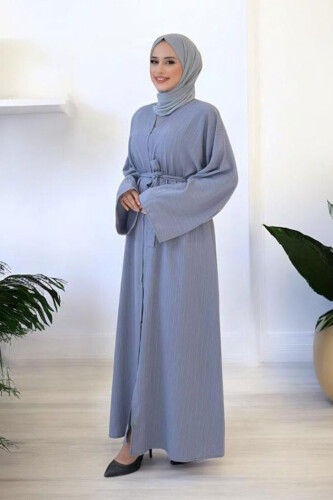 Çıt Çıt Düğmeli Bel Kuşaklı Abaya 70017 Gri - 3