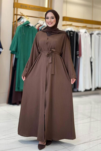 Çıt Çıt Düğmeli Bel Kuşaklı Abaya 70017 Kahverengi 