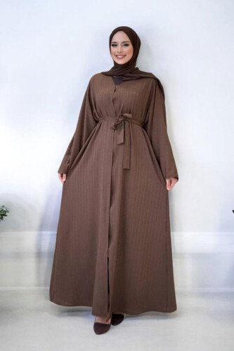 Çıt Çıt Düğmeli Bel Kuşaklı Abaya 70017 Kahverengi 