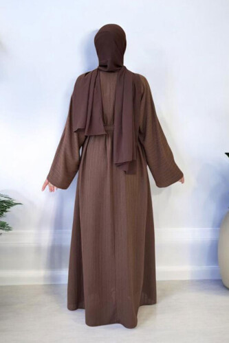 Çıt Çıt Düğmeli Bel Kuşaklı Abaya 70017 Kahverengi - 2