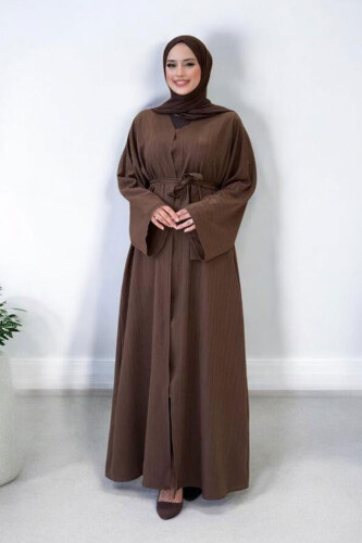 Çıt Çıt Düğmeli Bel Kuşaklı Abaya 70017 Kahverengi - 3