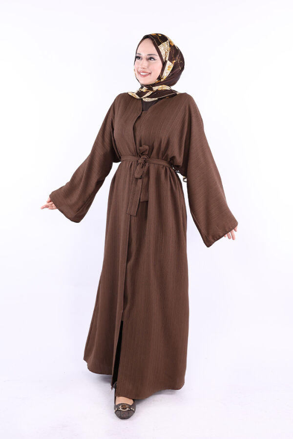 Çıt Çıt Düğmeli Bel Kuşaklı Abaya 70017 Kahverengi - 2