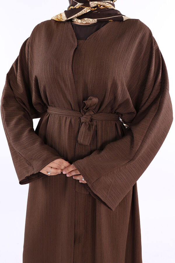 Çıt Çıt Düğmeli Bel Kuşaklı Abaya 70017 Kahverengi - 5