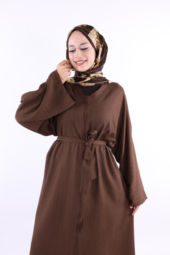 Çıt Çıt Düğmeli Bel Kuşaklı Abaya 70017 Kahverengi - 4