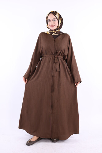 Çıt Çıt Düğmeli Bel Kuşaklı Abaya 70017 Kahverengi - Bym Fashion
