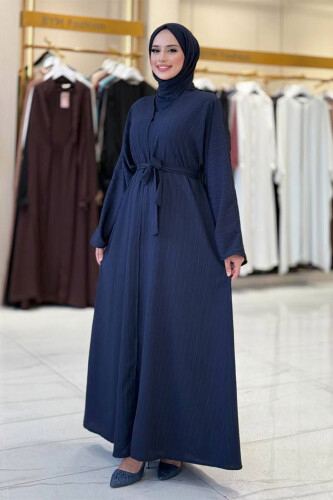 Çıt Çıt Düğmeli Bel Kuşaklı Abaya 70017 Lacivert - 3