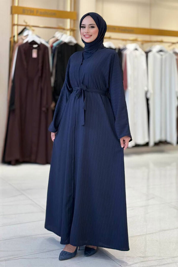 Çıt Çıt Düğmeli Bel Kuşaklı Abaya 70017 Lacivert - 3