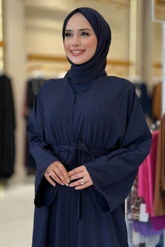 Çıt Çıt Düğmeli Bel Kuşaklı Abaya 70017 Lacivert - 4