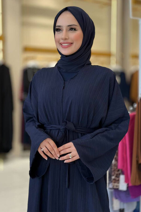 Çıt Çıt Düğmeli Bel Kuşaklı Abaya 70017 Lacivert - 4