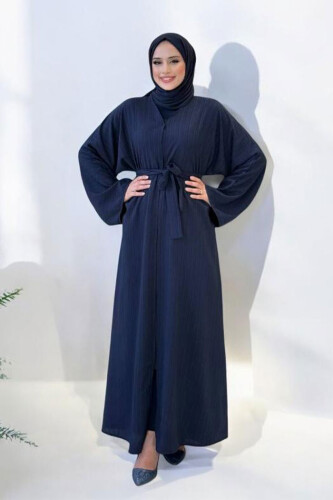 Çıt Çıt Düğmeli Bel Kuşaklı Abaya 70017 Lacivert 