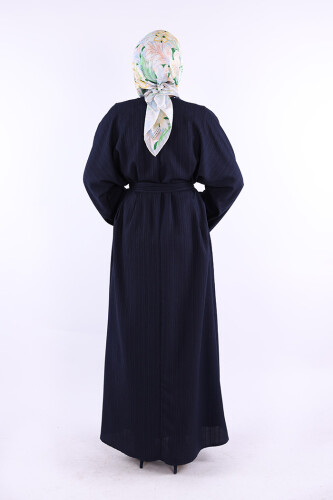 Çıt Çıt Düğmeli Bel Kuşaklı Abaya 70017 Lacivert - 3