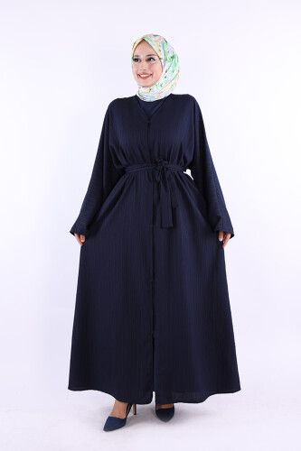 Çıt Çıt Düğmeli Bel Kuşaklı Abaya 70017 Lacivert - Bym Fashion
