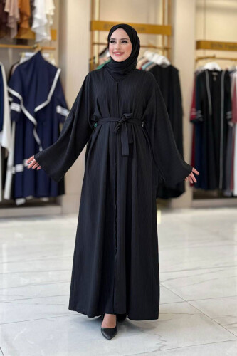 Çıt Çıt Düğmeli Bel Kuşaklı Abaya 70017 Siyah 