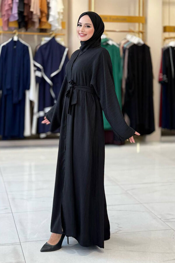 Çıt Çıt Düğmeli Bel Kuşaklı Abaya 70017 Siyah - 3
