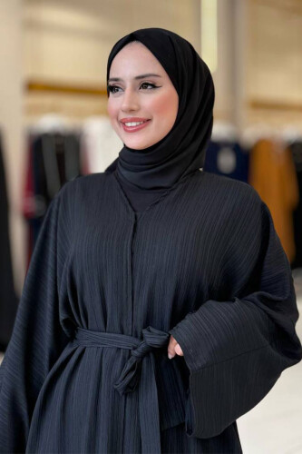 Çıt Çıt Düğmeli Bel Kuşaklı Abaya 70017 Siyah - 4