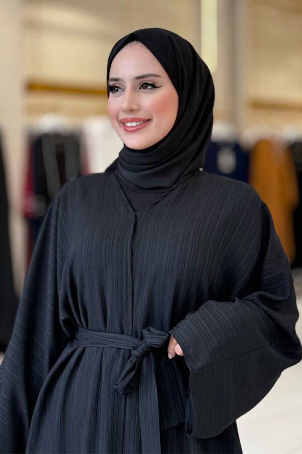 Çıt Çıt Düğmeli Bel Kuşaklı Abaya 70017 Siyah - 4