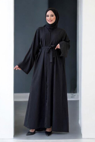 Çıt Çıt Düğmeli Bel Kuşaklı Abaya 70017 Siyah 