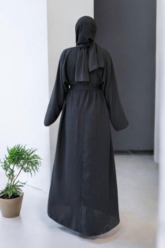 Çıt Çıt Düğmeli Bel Kuşaklı Abaya 70017 Siyah - 2