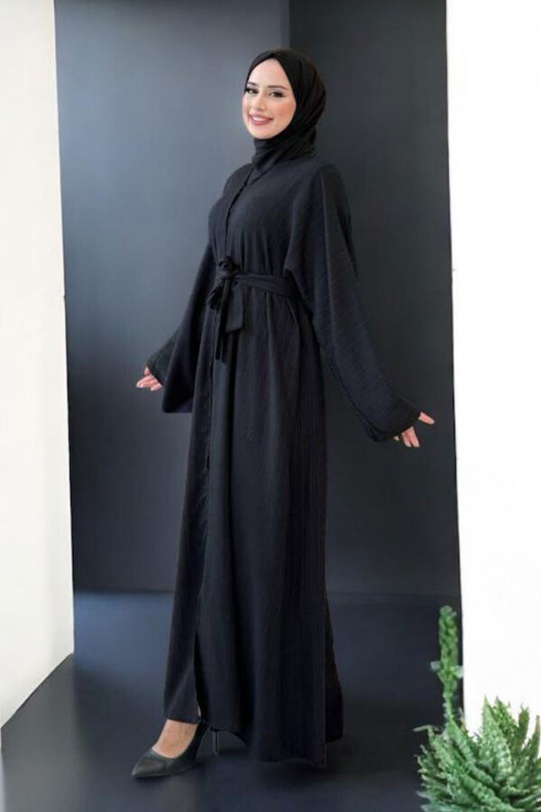 Çıt Çıt Düğmeli Bel Kuşaklı Abaya 70017 Siyah - 3