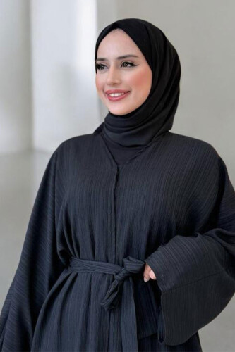 Çıt Çıt Düğmeli Bel Kuşaklı Abaya 70017 Siyah - 4
