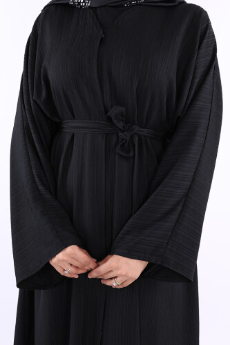 Çıt Çıt Düğmeli Bel Kuşaklı Abaya 70017 Siyah - 5