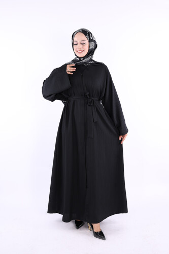 Çıt Çıt Düğmeli Bel Kuşaklı Abaya 70017 Siyah - Bym Fashion