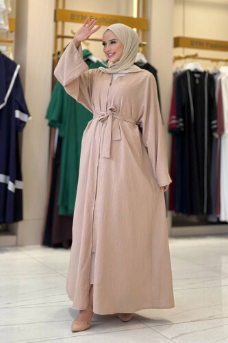 Çıt Çıt Düğmeli Bel Kuşaklı Abaya 70017 Taş - 3
