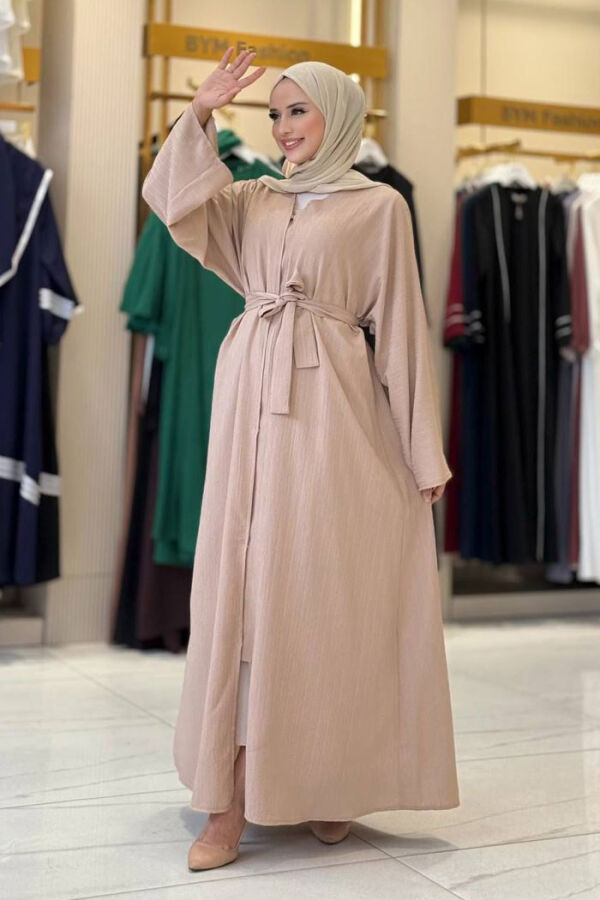Çıt Çıt Düğmeli Bel Kuşaklı Abaya 70017 Taş - 3