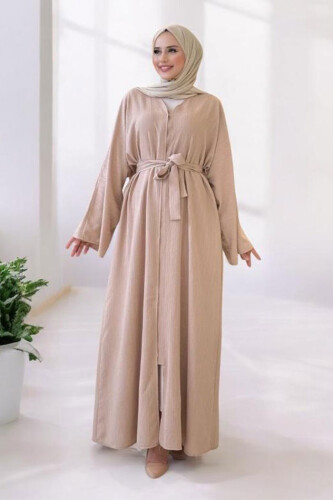 Çıt Çıt Düğmeli Bel Kuşaklı Abaya 70017 Taş - 1
