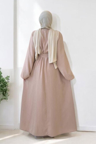 Çıt Çıt Düğmeli Bel Kuşaklı Abaya 70017 Taş - 2