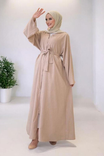 Çıt Çıt Düğmeli Bel Kuşaklı Abaya 70017 Taş - 3