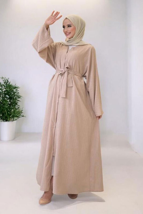 Çıt Çıt Düğmeli Bel Kuşaklı Abaya 70017 Taş - 3