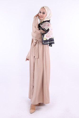 Çıt Çıt Düğmeli Bel Kuşaklı Abaya 70017 Taş - 3