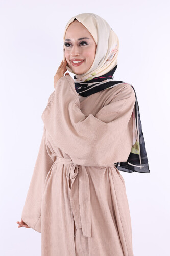 Çıt Çıt Düğmeli Bel Kuşaklı Abaya 70017 Taş - 4