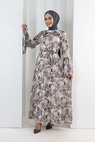 Çiçek Desen Elbise 7002 Mürdüm - 2