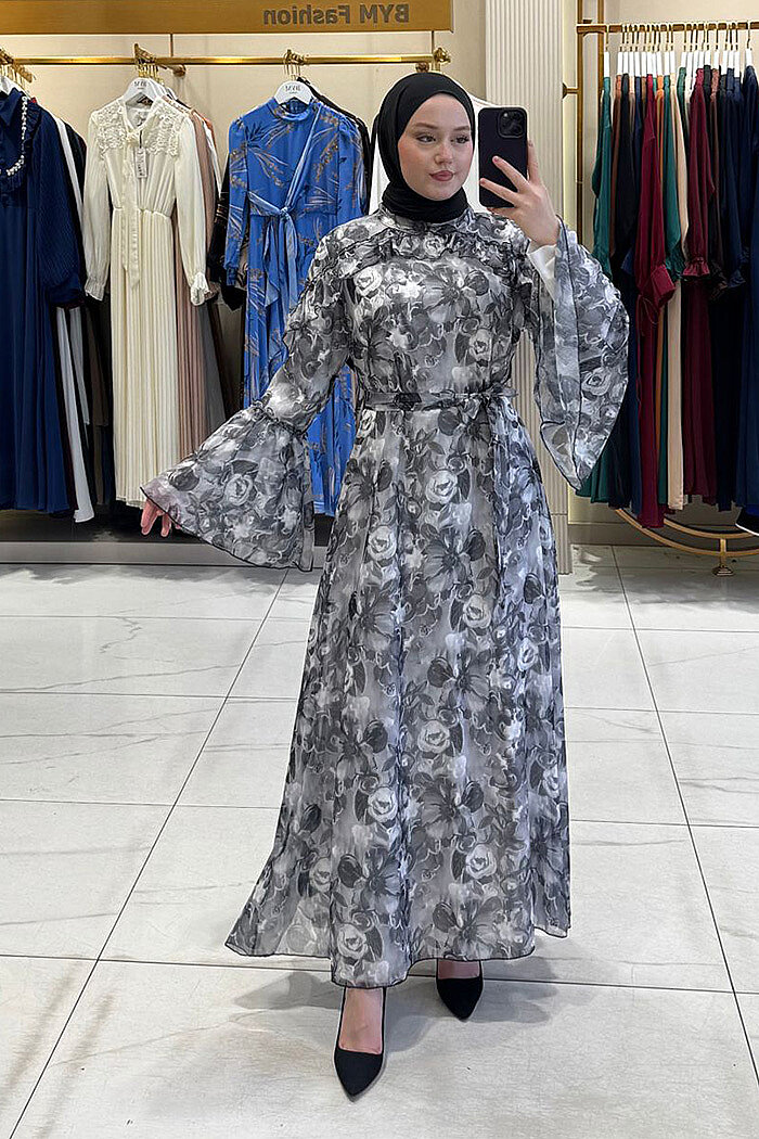 Çiçek Desen Elbise 7002 Siyah - 1