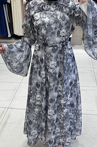 Çiçek Desen Elbise 7002 Siyah - 4