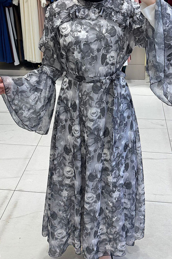 Çiçek Desen Elbise 7002 Siyah - 4