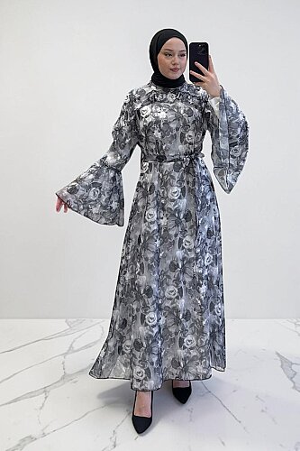 Çiçek Desen Elbise 7002 Siyah
