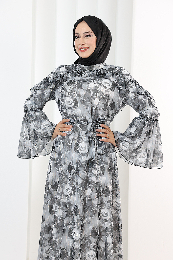 Çiçek Desen Elbise 7002 Siyah - 5