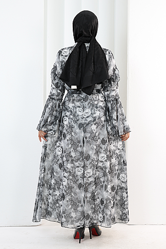Çiçek Desen Elbise 7002 Siyah - 6