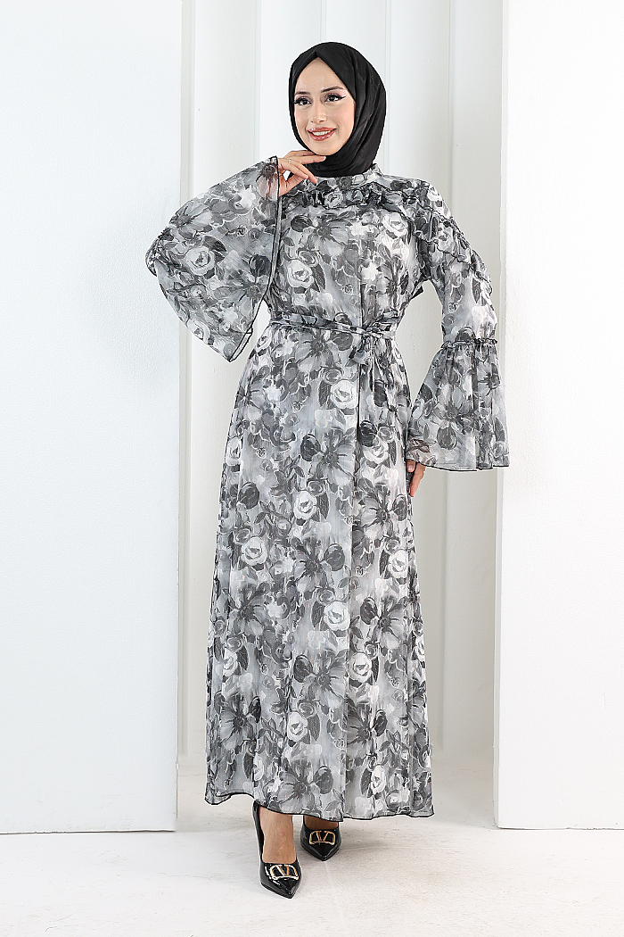 Çiçek Desen Elbise 7002 Siyah - 3