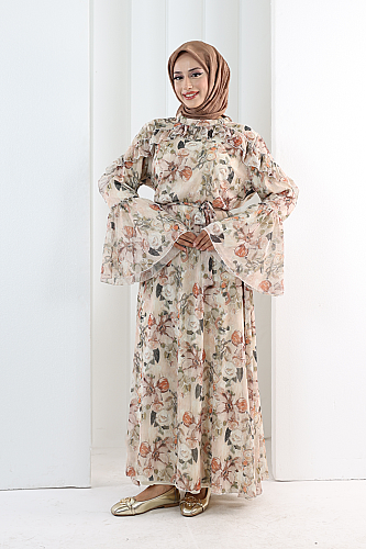 Çiçek Desen Elbise 7002 Somon