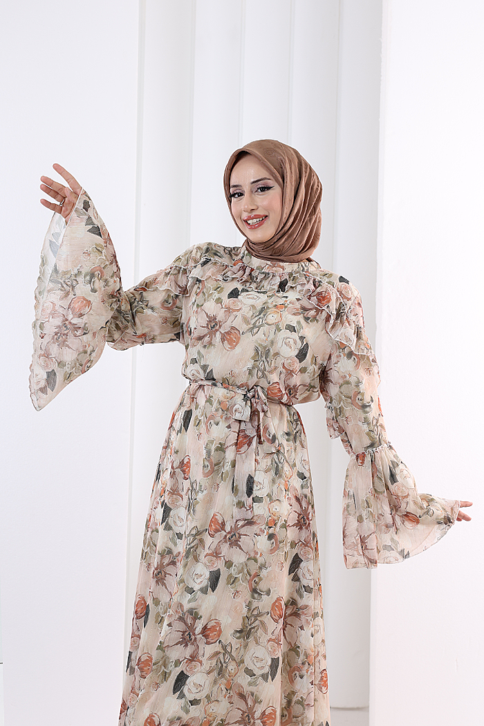 Çiçek Desen Elbise 7002 Somon - 3