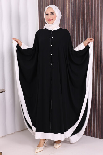 Düğme Detaylı Pelerin 70024 Siyah-Ekru - Bym Fashion