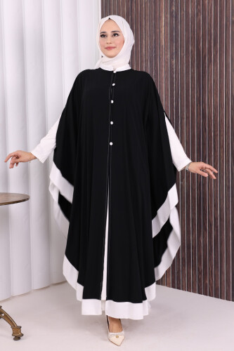 Düğme Detaylı Pelerin 70024 Siyah-Ekru - 3