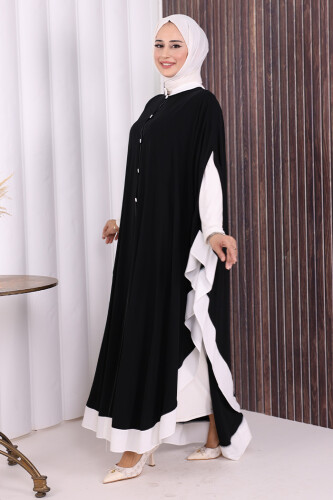 Düğme Detaylı Pelerin 70024 Siyah-Ekru - 4