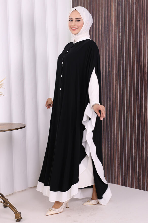 Düğme Detaylı Pelerin 70024 Siyah-Ekru - 4