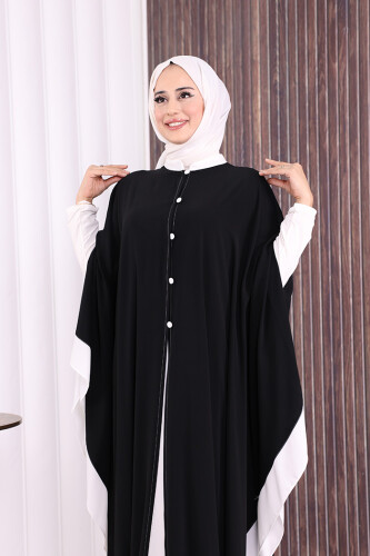 Düğme Detaylı Pelerin 70024 Siyah-Ekru - 6